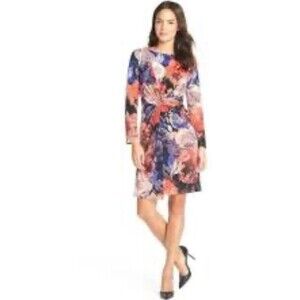 ADRIANNA PAPELL Knot Front Faux Wrap Floral Sheath Dress 12 Long Sleeve Jersey